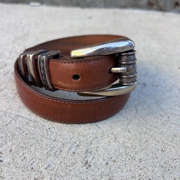 Brighton Accessories - Vintage Brighton Brown Tan Leather Two Tone Silver Buckle Belt Size S Y2K 1995